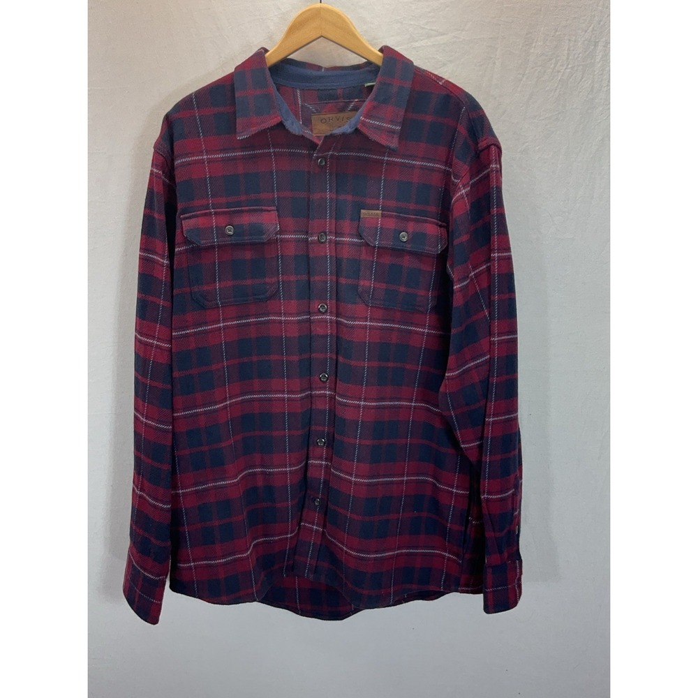 Orvis Flannel Shirt Jacket Mens L Red Plaid‎ Heavyweight Pockets Shacket Chore
